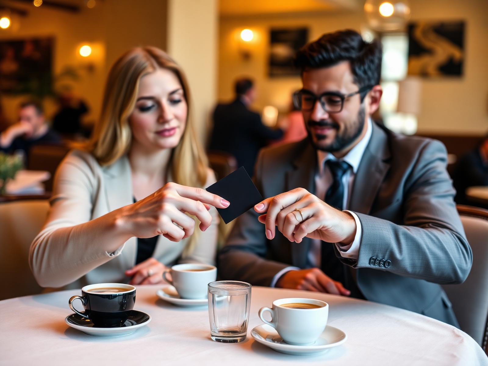 Two professionals exchanging Capro Cards over coffee